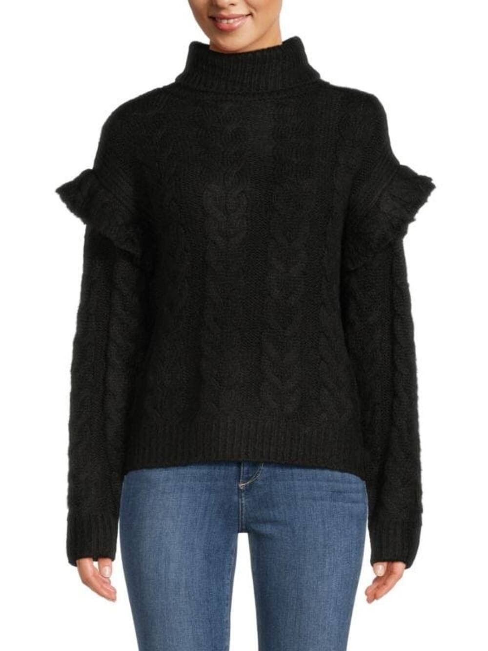 Joe’s Jeans Adeline Ruffle Sleeve Cable Knit Turtleneck Sweater Black Size Large